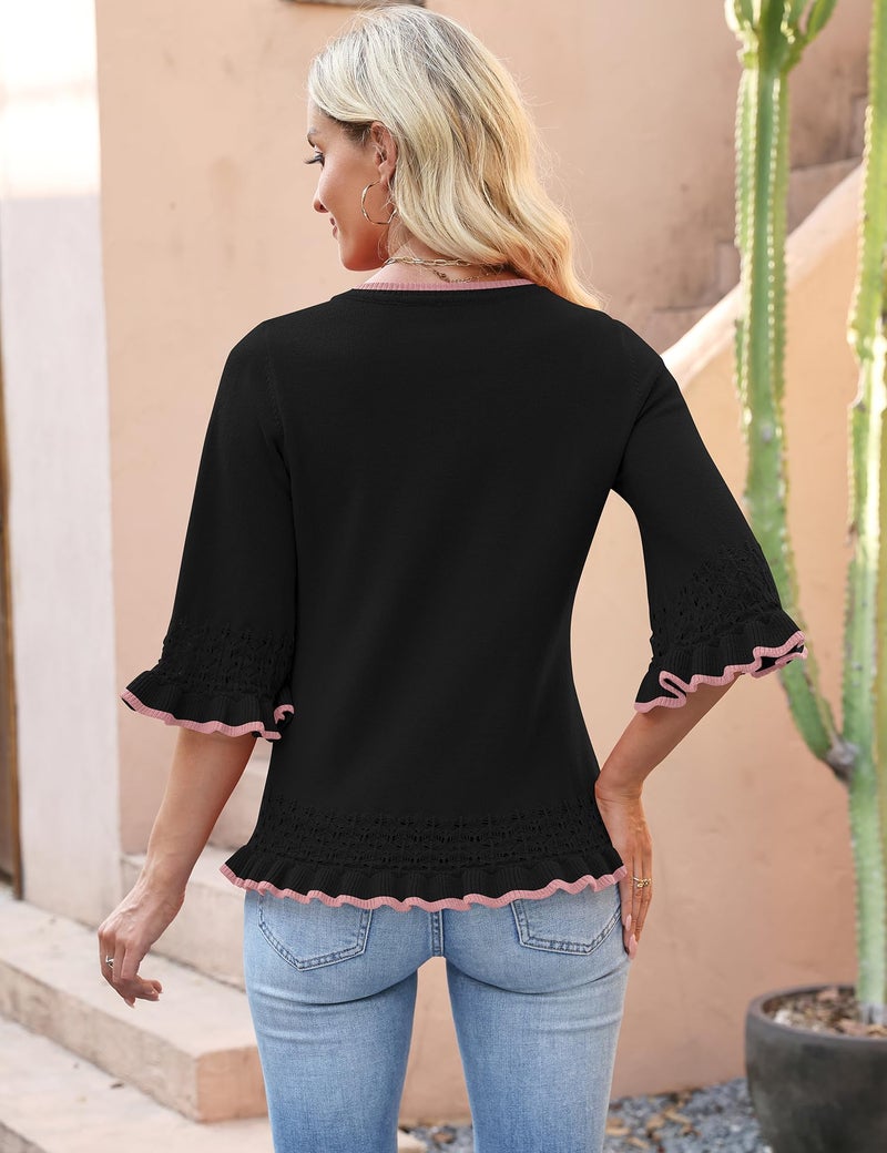 LOMON Black Tops for Women Sweater 3/4 Sleeve Cropped Tunic Sweaters Business Casual Breathable V-Neck Shirts Pink Edged S - Image 4