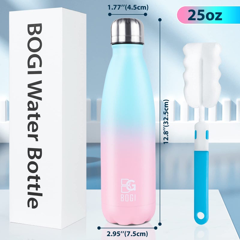 BOGI Insulated Water Bottle  25oz Stainless Steel Water Bottles  Leak Proof Sports Metal Water Bottles Keep Cold for 24 Hours and Hot for 12 Hours BPA Free kids water bottle for School (SkyBlue Pink) - Image 2
