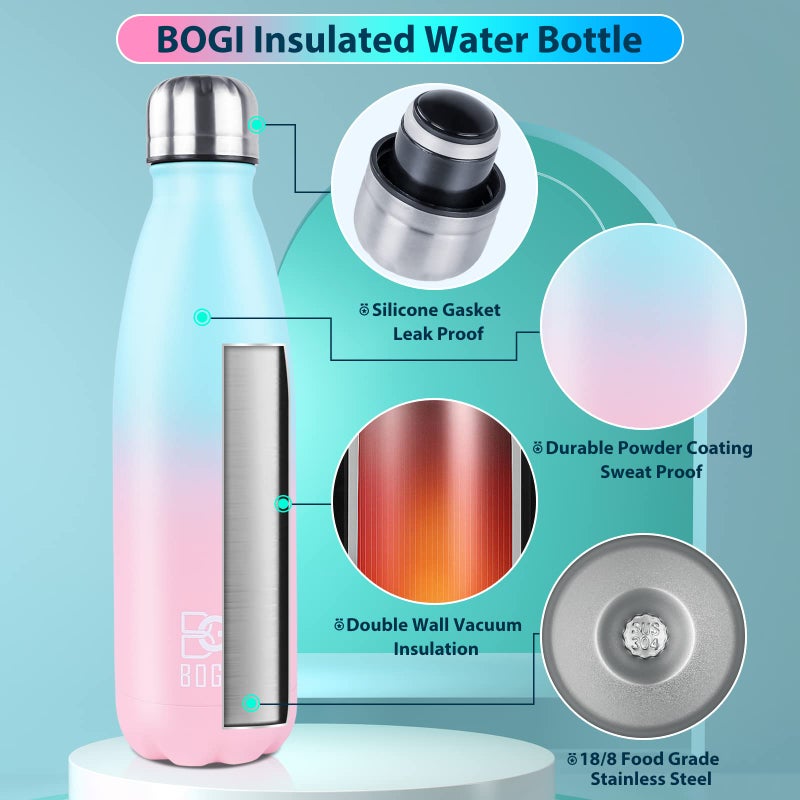 BOGI Insulated Water Bottle  25oz Stainless Steel Water Bottles  Leak Proof Sports Metal Water Bottles Keep Cold for 24 Hours and Hot for 12 Hours BPA Free kids water bottle for School (SkyBlue Pink) - Image 3