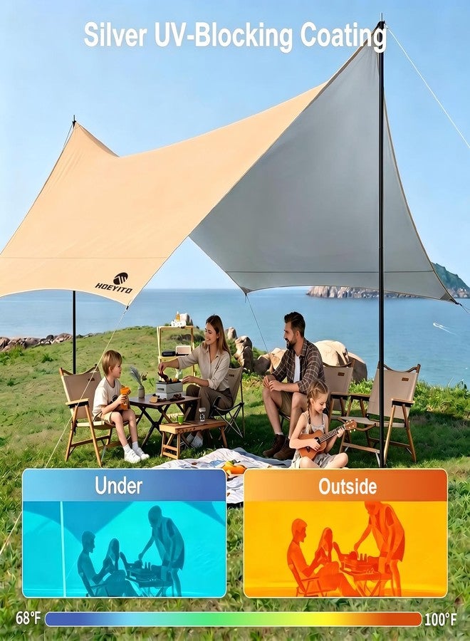 HOEYITO Camping Tarp with Poles & Retainer, 14.5x11FT PU9000mm Waterproof 210D Oxford Cloth Camping Awning, UV Blocking Rate 99.99% Camping Canopy Tent Tarp for Outdoor, Hammock, Car, Picnic (Khaki) - Image 3