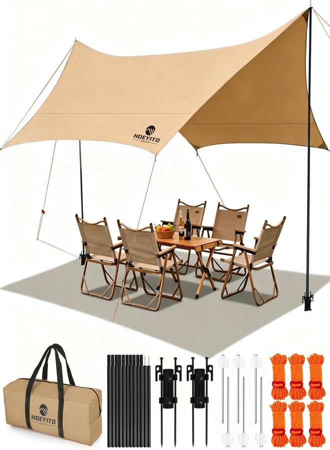 HOEYITO Camping Tarp with Poles & Retainer, 14.5x11FT PU9000mm Waterproof 210D Oxford Cloth Camping Awning, UV Blocking Rate 99.99% Camping Canopy Tent Tarp for Outdoor, Hammock, Car, Picnic (Khaki) - Image 1