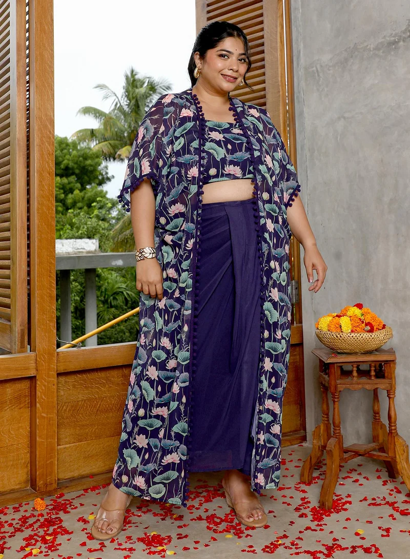 Instafab Plus Instafab Plus Women's Navy Blue Flora-Imprint Draped Co-Ord Set For Ethnic Wear | Spagetti Straps, Quarter Kimono Sleeves | Floral Print Plain Fabric | 3 Piece Co-Ords For Evening & Party Wear