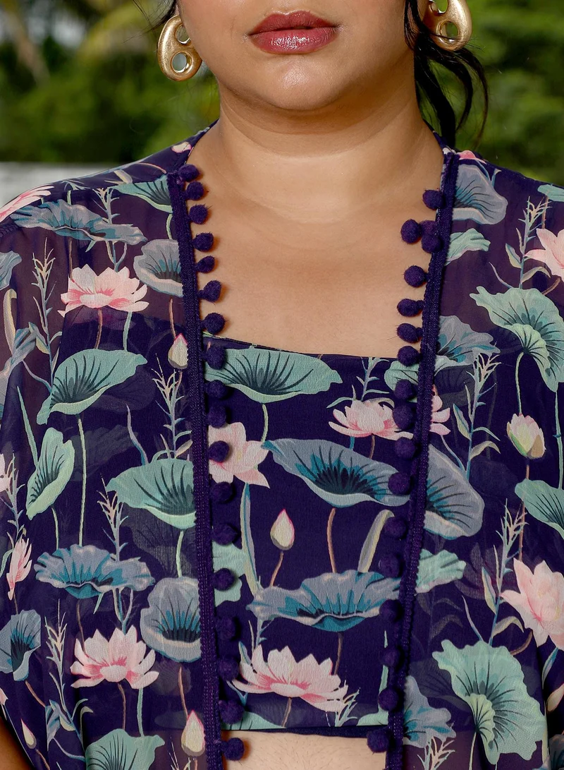 Instafab Plus Instafab Plus Women's Navy Blue Flora-Imprint Draped Co-Ord Set For Ethnic Wear | Spagetti Straps, Quarter Kimono Sleeves | Floral Print Plain Fabric | 3 Piece Co-Ords For Evening & Party Wear