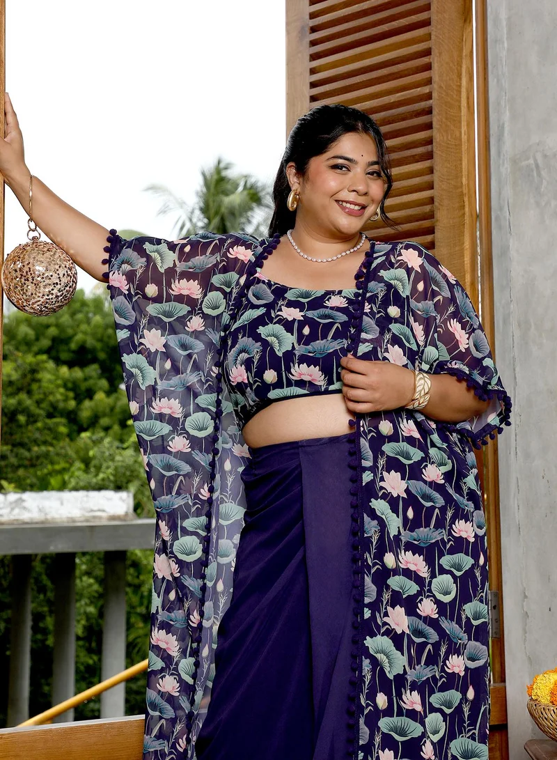 Instafab Plus Instafab Plus Women's Navy Blue Flora-Imprint Draped Co-Ord Set For Ethnic Wear | Spagetti Straps, Quarter Kimono Sleeves | Floral Print Plain Fabric | 3 Piece Co-Ords For Evening & Party Wear