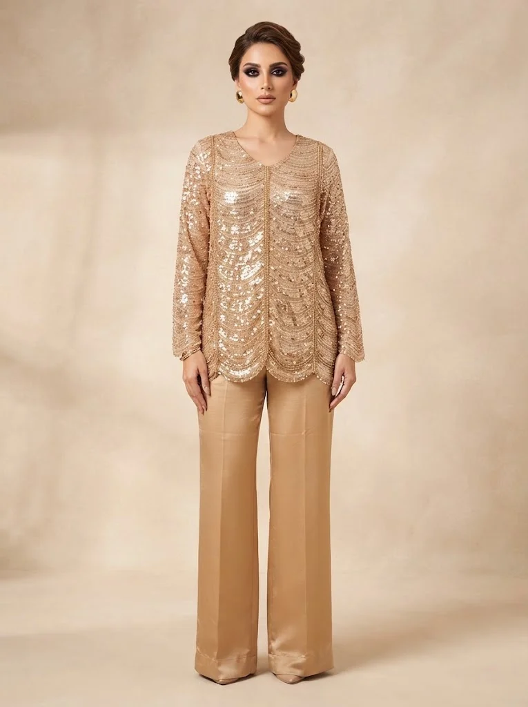 Viny VINY Gold Sequin Embellished Top & Palazzo Set – Women's Indian Ethnic Wear