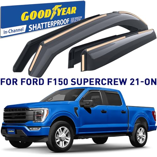 GOODYEAR حواجز النوافذ المقاومة للكسر من جوديير في القناة لسيارة فورد F150 2021-2025 سوبر كرو, حراس المطر, واقيات النوافذ للسيارات, حواجز التهوية, ملحقات السيارات, 4 قطع - GY008037 - Image 2