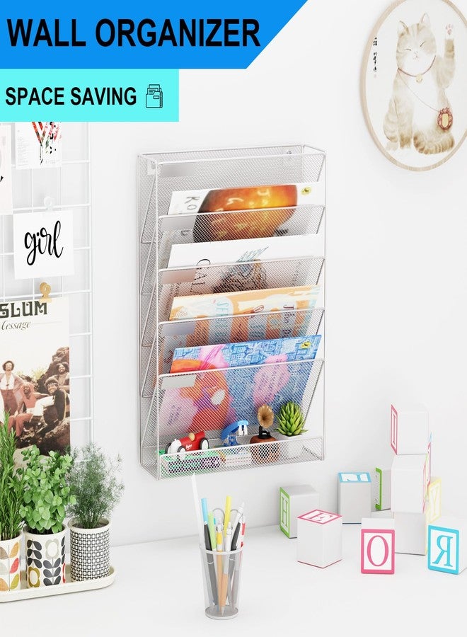 GDINDINFAN Wall File Organizer Holder Mesh Hanging Paper Document Holder, Vertical 6 Pocket Tier for Office Home, Silver - Image 2