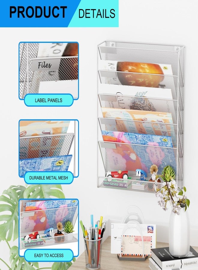 GDINDINFAN Wall File Organizer Holder Mesh Hanging Paper Document Holder, Vertical 6 Pocket Tier for Office Home, Silver - Image 4