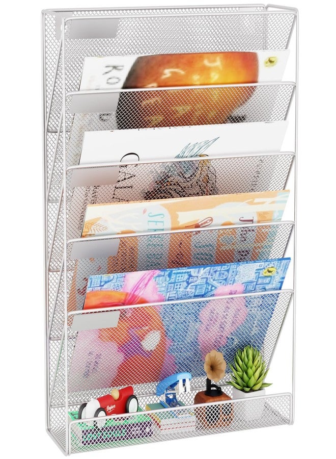 GDINDINFAN Wall File Organizer Holder Mesh Hanging Paper Document Holder, Vertical 6 Pocket Tier for Office Home, Silver - Image 1