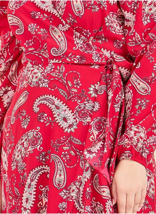 Styli Paisley Print Ruffle Hem Wrap Maxi Dress
