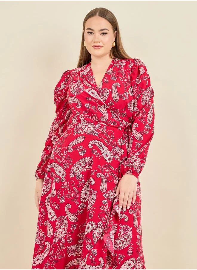 Styli Paisley Print Ruffle Hem Wrap Maxi Dress