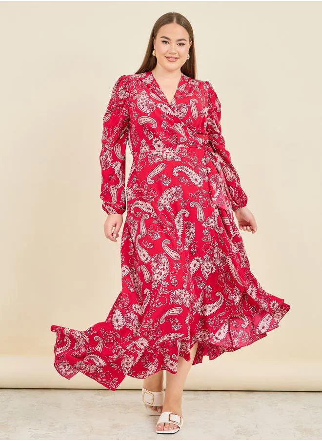 Styli Paisley Print Ruffle Hem Wrap Maxi Dress