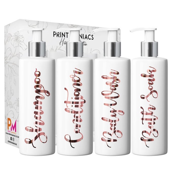 MRS HINCH INSPIRED WHITE PERSONALISED PUMP BOTTLES BATHROOM KITCHEN SET SHAMPOO CONDITIONER ROSE GOLD