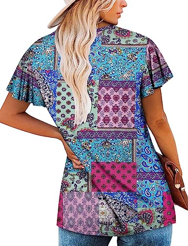 ROSELINLIN Womens Ruffle Short Sleeve Tunic Tops V Neck Loose Fit Flowy Blue Blocks Summer Tops L - Image 4