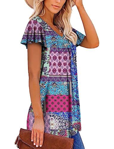 ROSELINLIN Womens Ruffle Short Sleeve Tunic Tops V Neck Loose Fit Flowy Blue Blocks Summer Tops L - Image 3