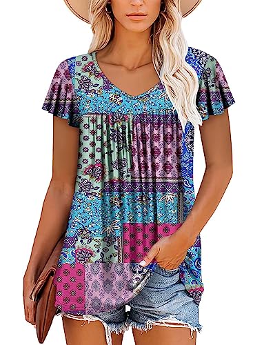 ROSELINLIN Womens Ruffle Short Sleeve Tunic Tops V Neck Loose Fit Flowy Blue Blocks Summer Tops L - Image 2