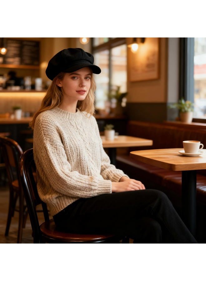 CaySep Women-Fashion-Octagonal-Beret-Hats Vintage 8 Panels Newsboy Cap Outdoor Cabbie Painter Driver Cap for Girls Teens Black - Image 4