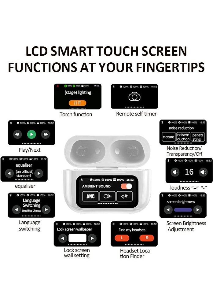 AI Translation Earphones, Support English Arabic Translation, Equipped with LED Smart Touch Screen, Active Noise Cancellation, Long Battery Life Playback Time - White