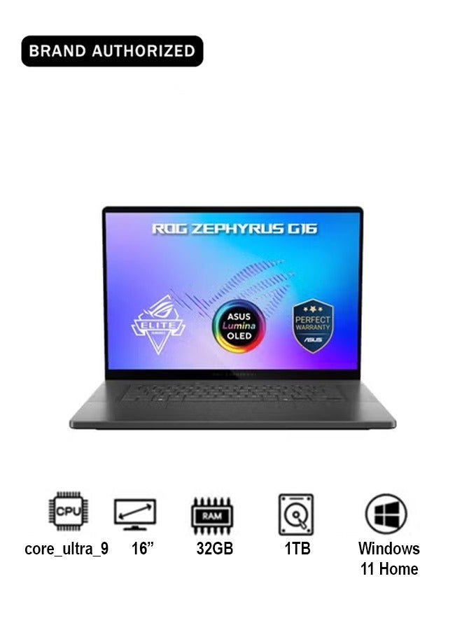 أسوس ROG Zephyrus G16 Laptop With 16-Inch Display,32GB RAM/1 Terabyte SSD/Intel Core Ultra 9 Processor 386H/Windows 11 Home/ Arabic Eclipse Gray - Image 1