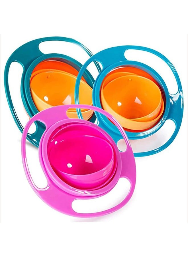 Song Qing 3pcs Magic Bowl 360 Degree Rotate Spill-Proof Bowl with Lid Plastic Creative Dishes Practise Feeding Bowls for Kids (Blue + Green + Rose) - Image 1