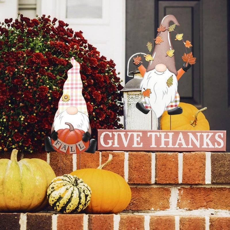 woobles Fall Metal Gnome Yard Stake, Outdoor Fall Decorations for Home, Decorative Garden Stakes Outside with Gnomes Pumpkin Fall Decor, Metal Yard Sign Thanksgiving Decor for Garden Yard Lawn Patio (B) - Image 1