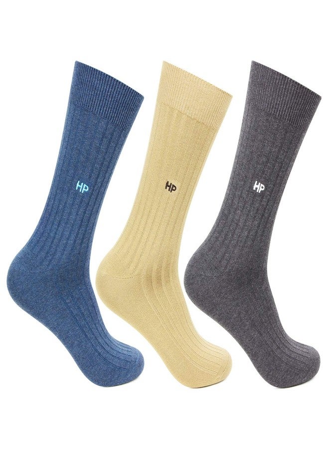 Hush Puppies Men’s Crew Length Cotton Rib Socks – Multicolor (Pack of 3) | Lightweight, Stretchable & Durable Daily Wear Socks - Image 1