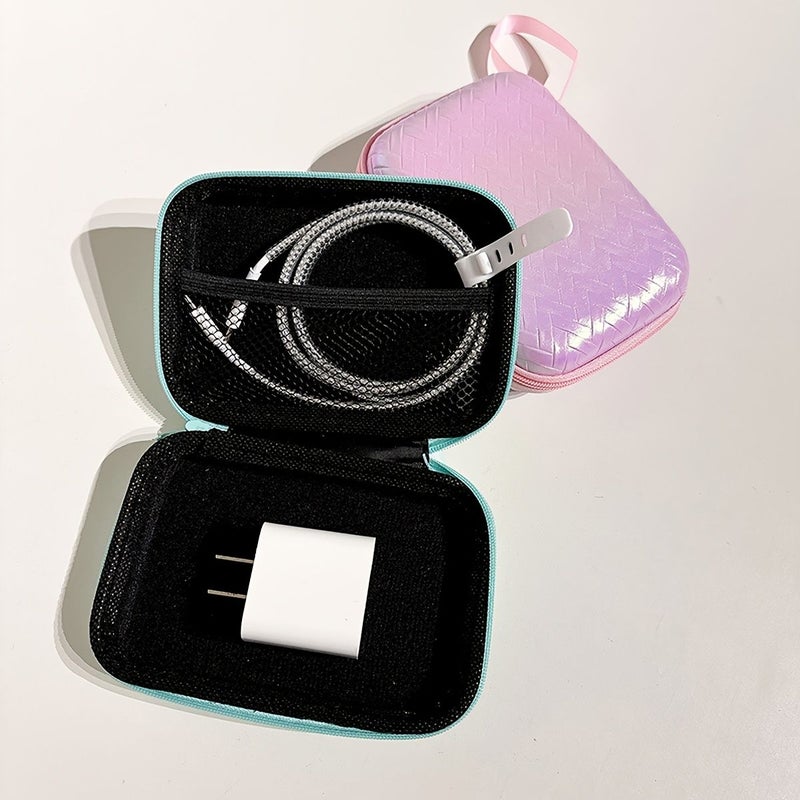 Pink Iridescent EVA Woven Zipper Pouch Large Storage Case For Earphone Data Cable Charger Digital Bluetooth Travel Organizer Drop Resistant Mesh Pocket Square Hard Shell - Image 1