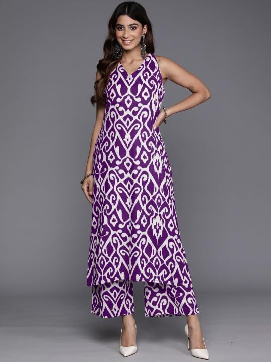 Varanga Women Purple Ikat Printed Straight Kurta With Palazzo - Image 2