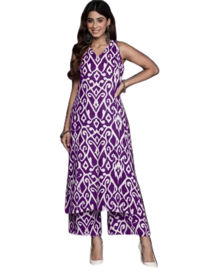 Varanga Women Purple Ikat Printed Straight Kurta With Palazzo - Image 1