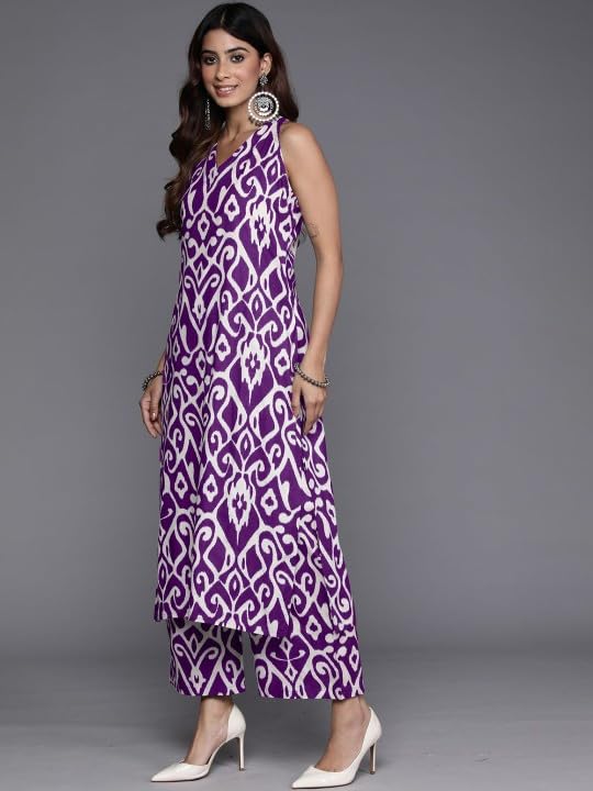 Varanga Women Purple Ikat Printed Straight Kurta With Palazzo - Image 3
