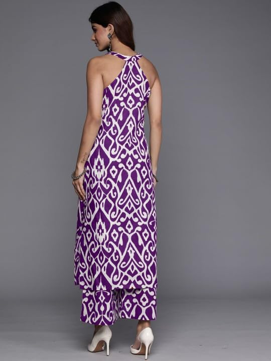 Varanga Women Purple Ikat Printed Straight Kurta With Palazzo - Image 4