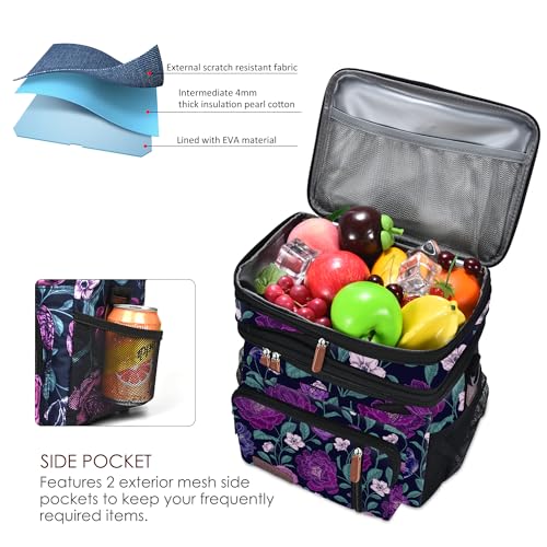 MIYCOO Lunch Bag & Lunch Box for Women Men Double Deck - Leakproof Insulated Soft Large Adult Lunch Cooler Bag for Work, Beach, Picnic, Camping, Travel (Purple Flower,15L) - Image 3