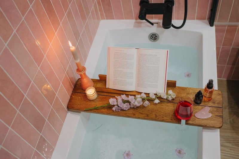 RuPS Wood Bathtub Caddy with Wine Glass Holder, Book, Mobile or ipad Stand, Candle Place, Bathroom Tray, Bath Accessories, fevtival Gift. (80 cm) - Image 5