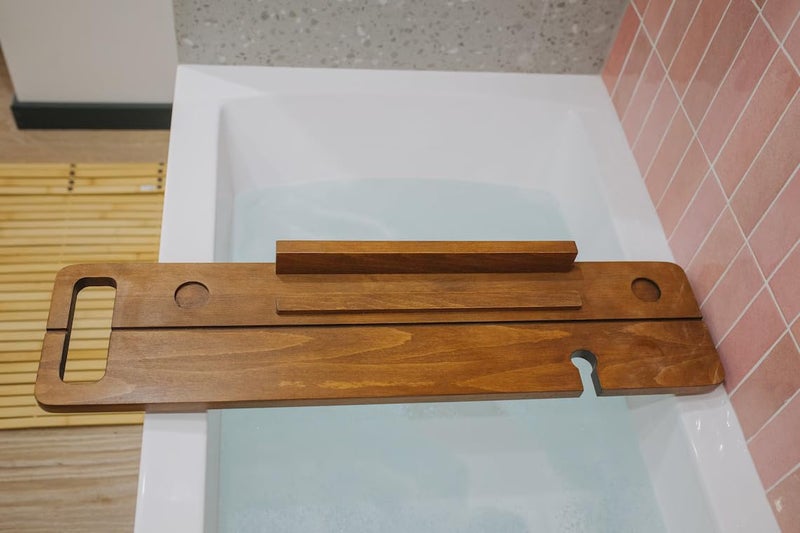 RuPS Wood Bathtub Caddy with Wine Glass Holder, Book, Mobile or ipad Stand, Candle Place, Bathroom Tray, Bath Accessories, fevtival Gift. (80 cm) - Image 3