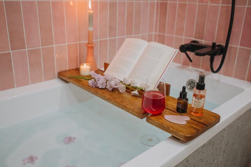 RuPS Wood Bathtub Caddy with Wine Glass Holder, Book, Mobile or ipad Stand, Candle Place, Bathroom Tray, Bath Accessories, fevtival Gift. (80 cm) - Image 4