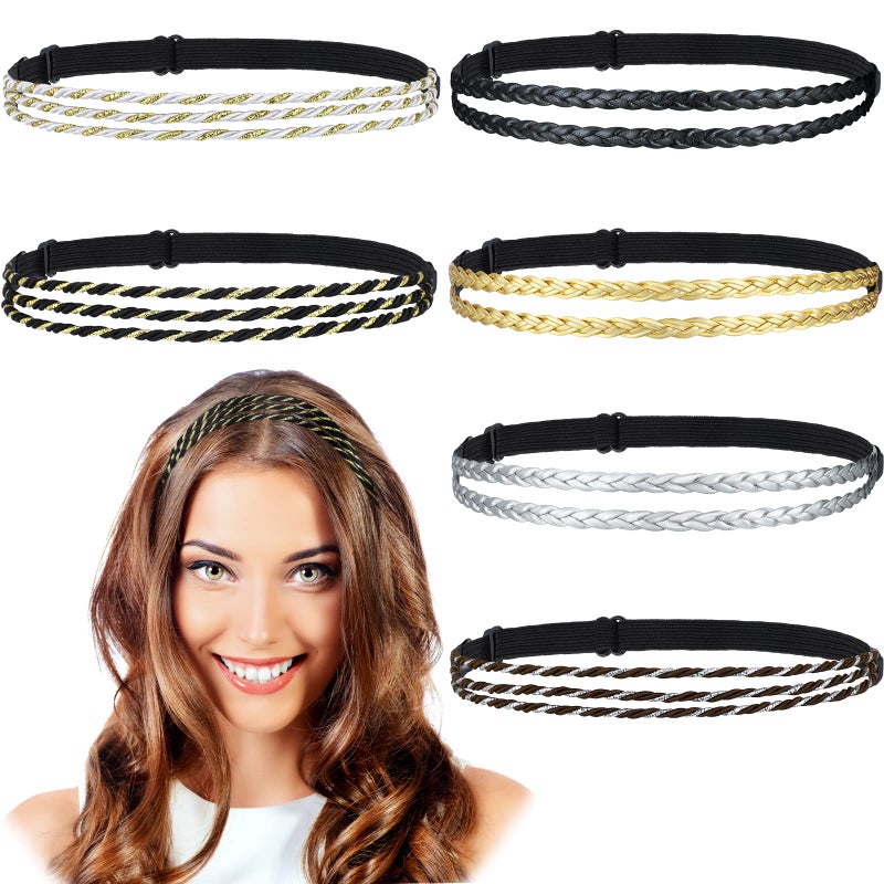 Jutom 6 Pcs Boho Braided Elastic Headbands for Women No Slip Stretchy Headbands for Women Strand Plaited Hair Band Hippie Hair Accessory Mother's Day Gift