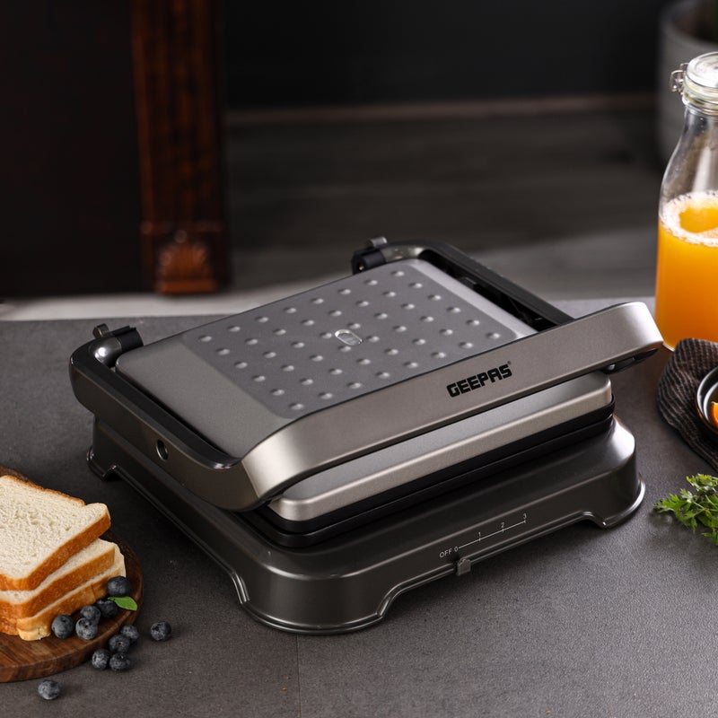Geepas 2000 W Grill Maker- GGM36539/ Fixed Die Cast Plates, Non-Stick for Easy Release and Quick Cleanup and Heat Up/ Cool Touch Handle, Perfect for Grilled Sandwiches, BBQ Design, Fit Any Type or Size of Food, Meat, Snack/ Black and Silver, 2 Years Warranty 4 Slices 2000 W GGM36539 BLACK AND SILVER - Image 1