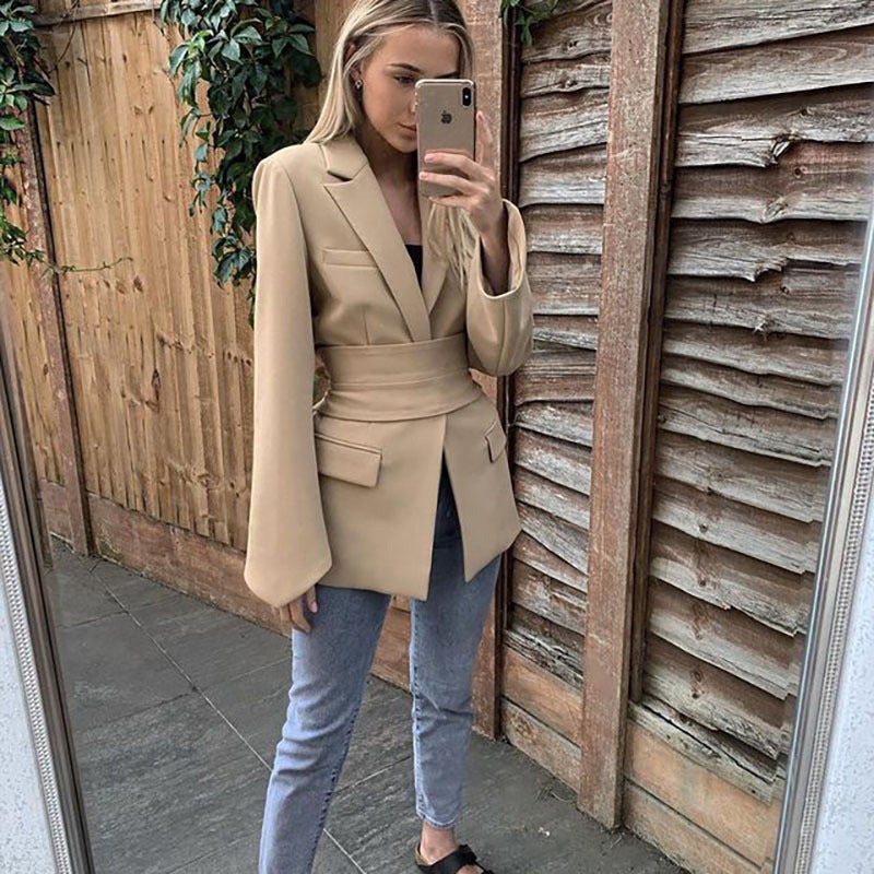 Fashion Solid Color Long Sleeve Cardigan Strap Coat Womens Casual Elegant Autumn and Winter Belt Design Sense suit Pants for Women Khaki