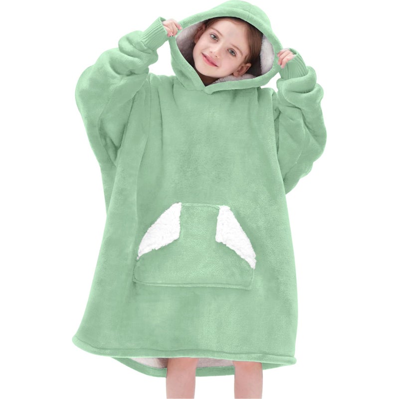 Touchat Wearable Blanket Hoodie Oversized Sherpa Blanket Sweatshirt with Hood Pocket and Sleeves Super Soft Warm Plush Hooded Blanket for Kids One Size Fits All Light Green