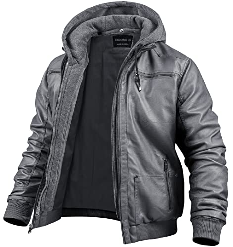 CREATMO US Mens Faux Leather Jacket Leather Jacket Casual Brown Motorcycle Jacket with Removable Hood Grey Moderate M - Image 1