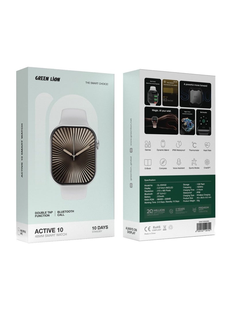 GREEN LION Active 10 46MM Smart Watch /AMOLED Display 2.07inch / Storage 1GB Flash / Bluetooth Call / Games / Dynamic Island /Thermometer / Heart rate / E-Book / Compass / ChatGPT - Silver  - Image 2