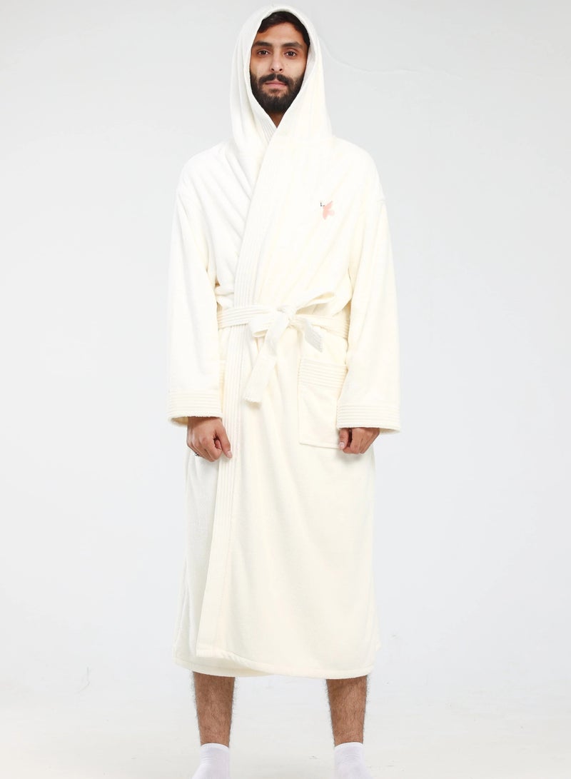 Relef Hooded Bathrobe for Men & Women, Ultra Soft Coral Fleece Robe, Quick Dry Absorbent Spa Bathrobe, Hotel Luxury Home Robe with Hood - Off white - Image 1