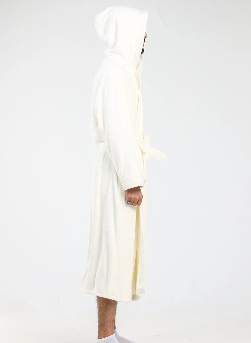 Relef Hooded Bathrobe for Men & Women, Ultra Soft Coral Fleece Robe, Quick Dry Absorbent Spa Bathrobe, Hotel Luxury Home Robe with Hood - Off white - Image 2