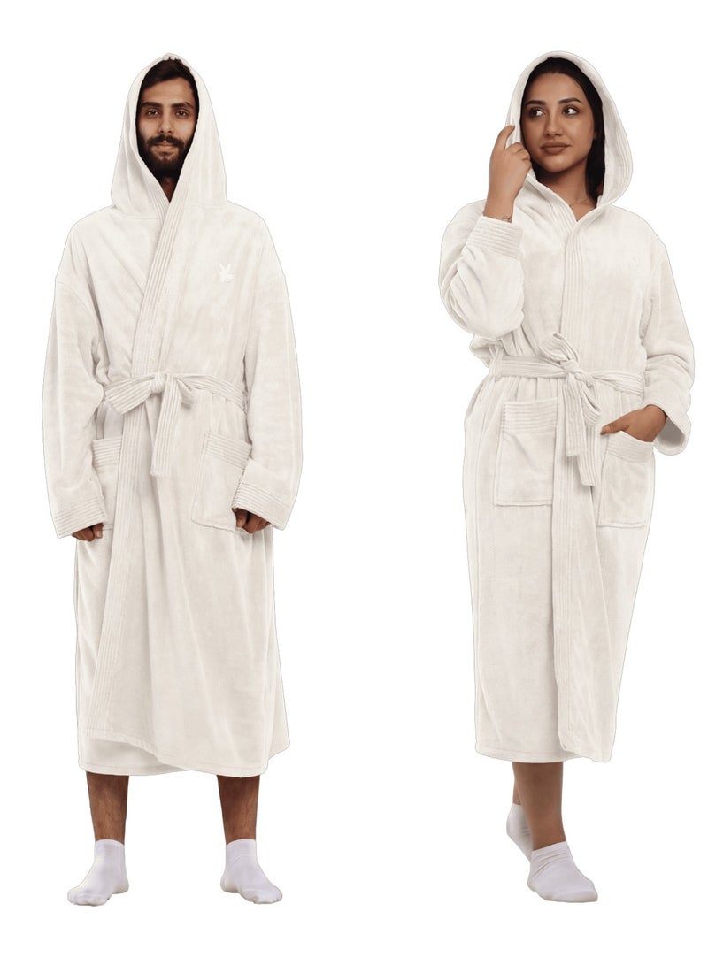 Relef Hooded Bathrobe for Men & Women, Ultra Soft Coral Fleece Robe, Quick Dry Absorbent Spa Bathrobe, Hotel Luxury Home Robe with Hood - Off white - Image 3