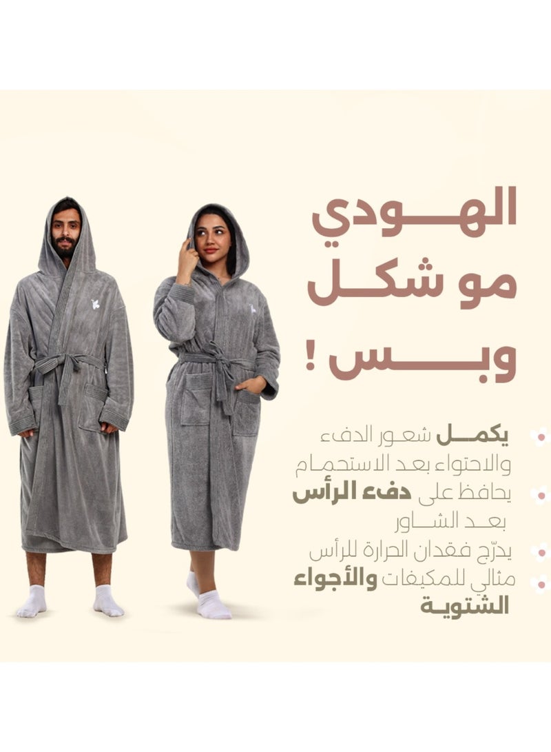 Relef Hooded Bathrobe for Men & Women, Ultra Soft Coral Fleece Robe, Quick Dry Absorbent Spa Bathrobe, Hotel Luxury Home Robe with Hood - Off white - Image 4