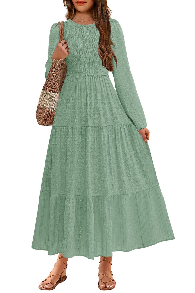 HOSIKA Girls Maxi Dresses Lantern Long Sleeve Smocked Tiered Holiday Party Dress with Pockets for 6-12 Y Light Green - Image 1