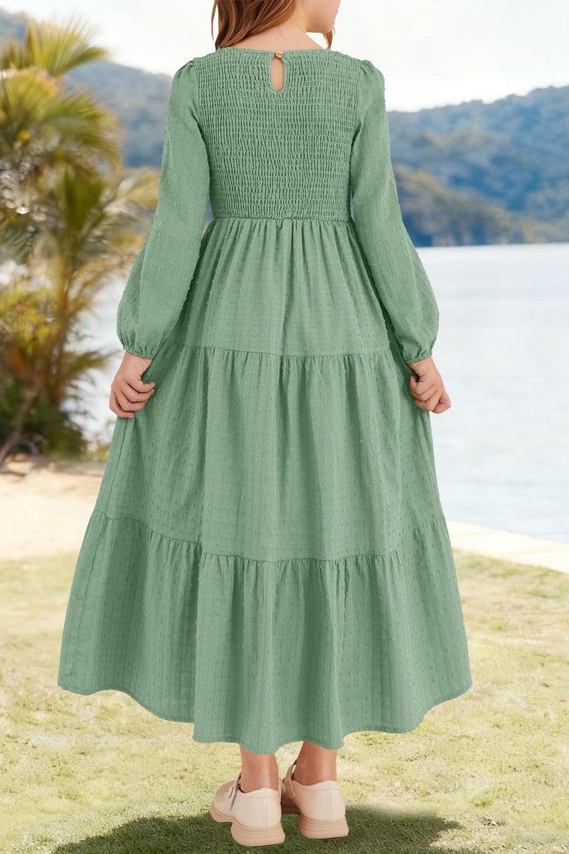 HOSIKA Girls Maxi Dresses Lantern Long Sleeve Smocked Tiered Holiday Party Dress with Pockets for 6-12 Y Light Green - Image 5