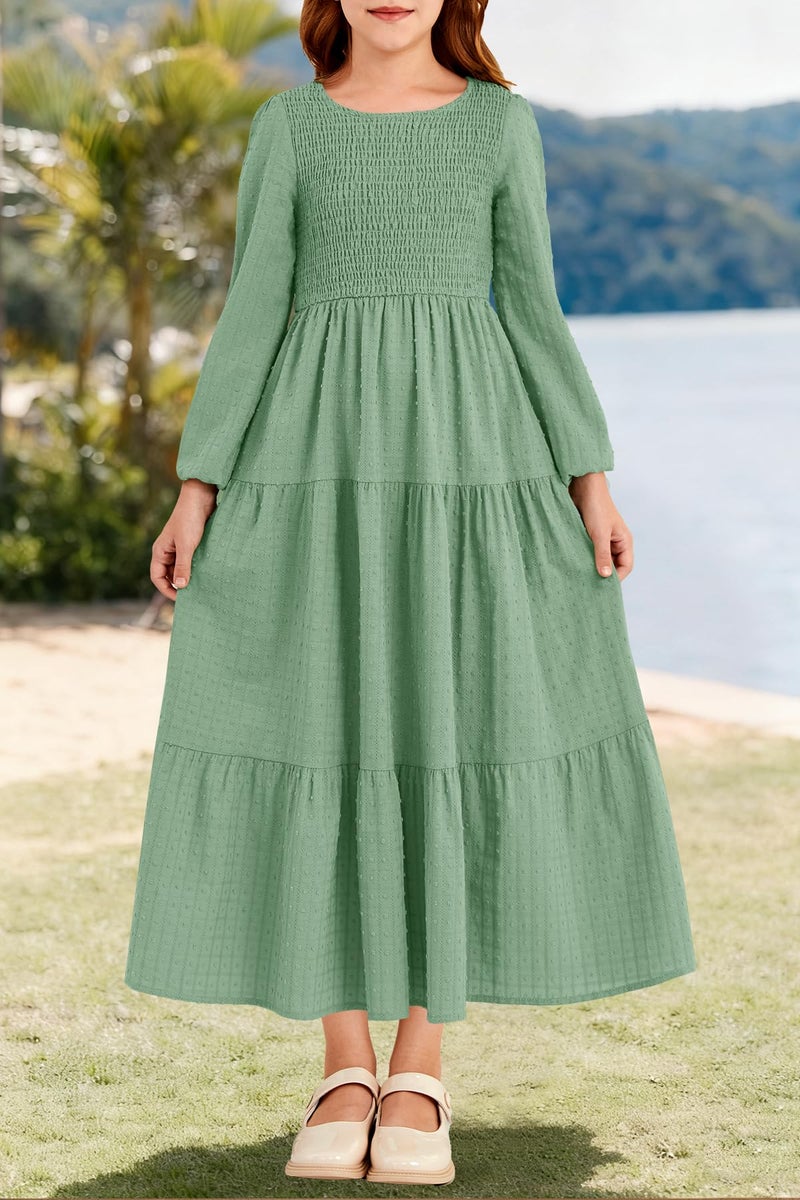 HOSIKA Girls Maxi Dresses Lantern Long Sleeve Smocked Tiered Holiday Party Dress with Pockets for 6-12 Y Light Green - Image 4