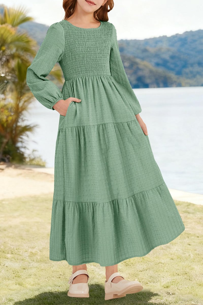 HOSIKA Girls Maxi Dresses Lantern Long Sleeve Smocked Tiered Holiday Party Dress with Pockets for 6-12 Y Light Green - Image 3
