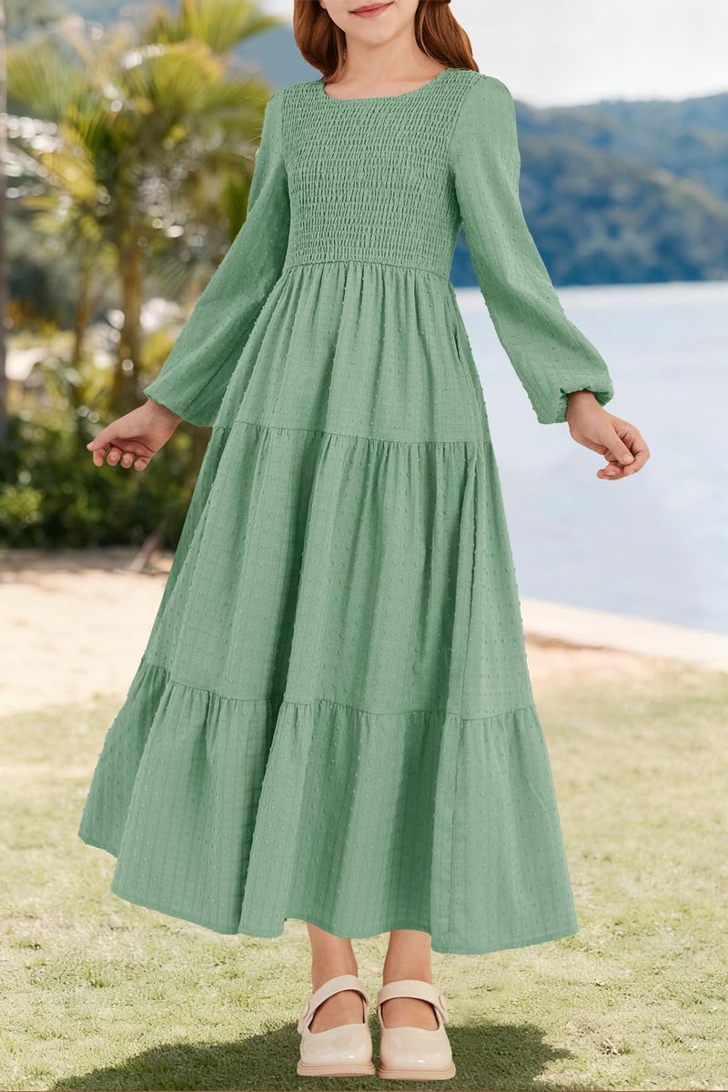 HOSIKA Girls Maxi Dresses Lantern Long Sleeve Smocked Tiered Holiday Party Dress with Pockets for 6-12 Y Light Green - Image 2